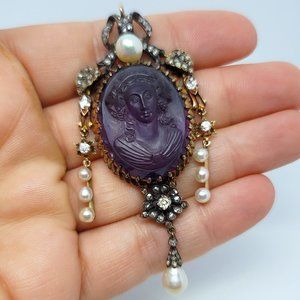 Antique Victorian Diamond (2.50ct), Amethyst, Pearl &14K Pendant/Brooch
